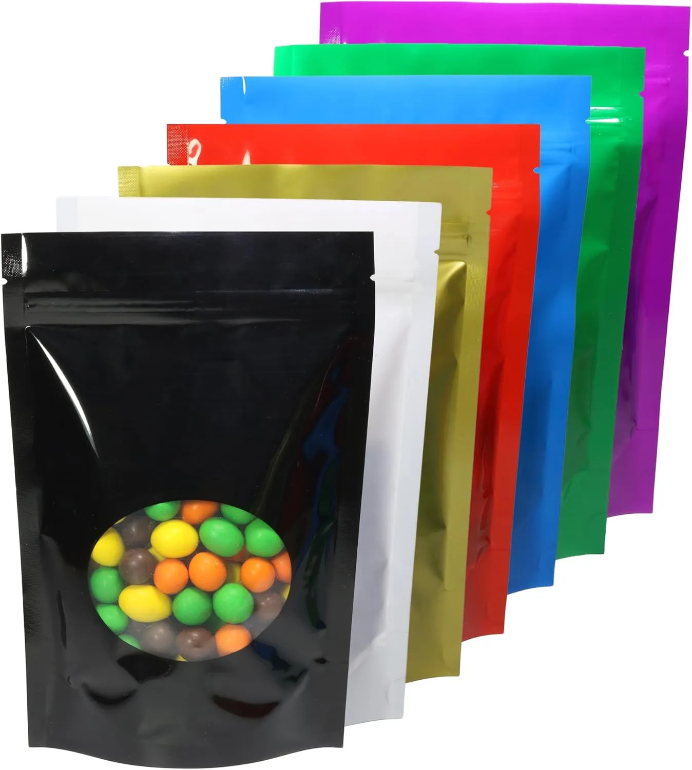 QQ Studio Pack of 100 Glossy Colored Mylar Foil Stand-Up Zip Seal Bags w/Clear Round Window (Glossy Black, 4.7 inches x 7.1 inches)