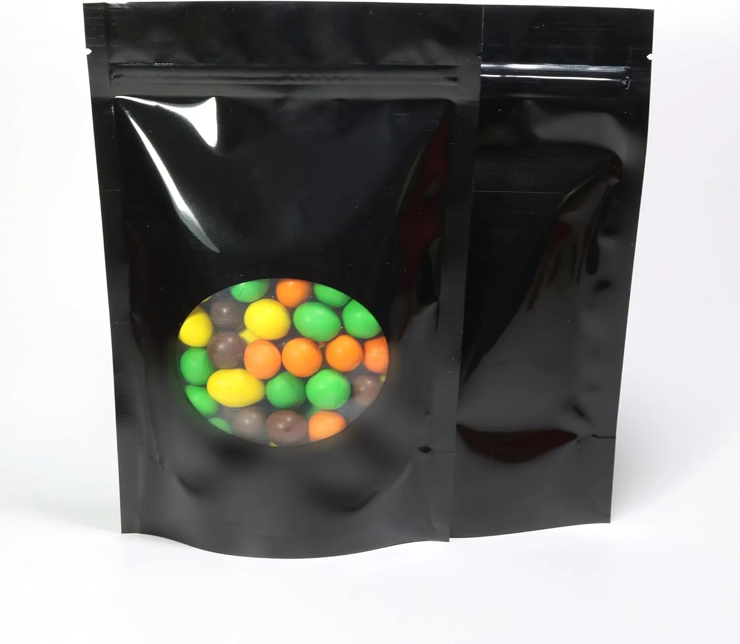QQ Studio Pack of 100 Glossy Colored Mylar Foil Stand-Up Zip Seal Bags w/Clear Round Window (Glossy Black, 4.7 inches x 7.1 inches)
