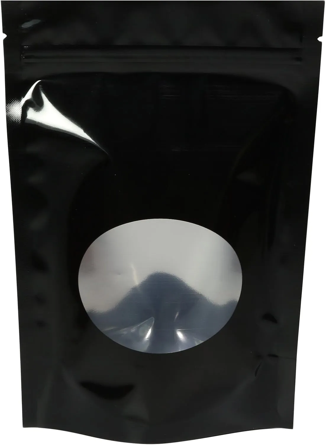 QQ Studio Pack of 100 Glossy Colored Mylar Foil Stand-Up Zip Seal Bags w/Clear Round Window (Glossy Black, 4.7 inches x 7.1 inches)