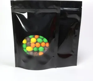 QQ Studio Pack of 100 Glossy Colored Mylar Foil Stand-Up Zip Seal Bags w/Clear Round Window (Glossy Black, 4.7 inches x 7.1 inches)