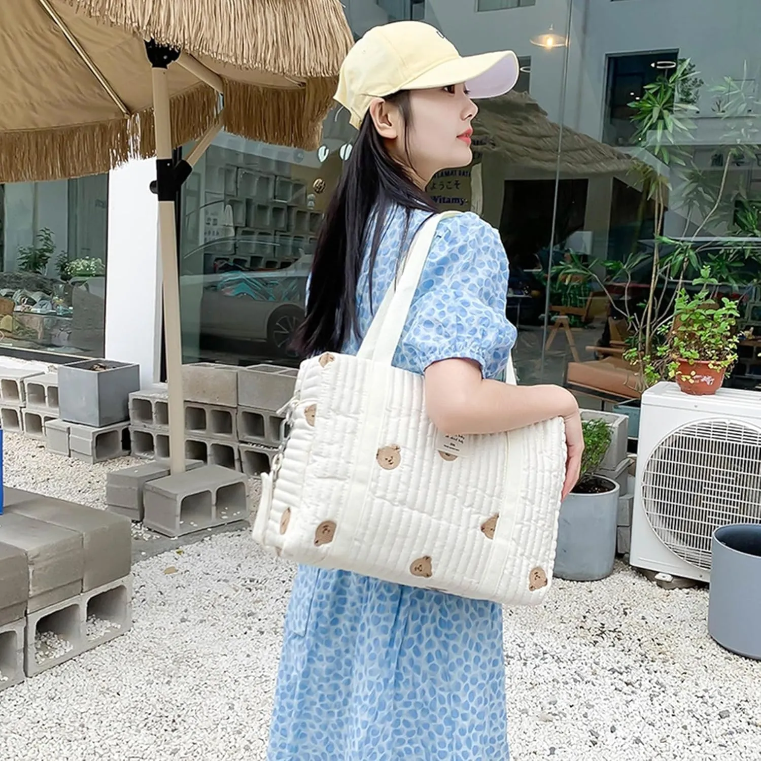 Quilted Cotton Cute Diaper Tote Bag for Moms Stroller Organizers Bag for Women Handbag Baby Nappy Mommy Bag