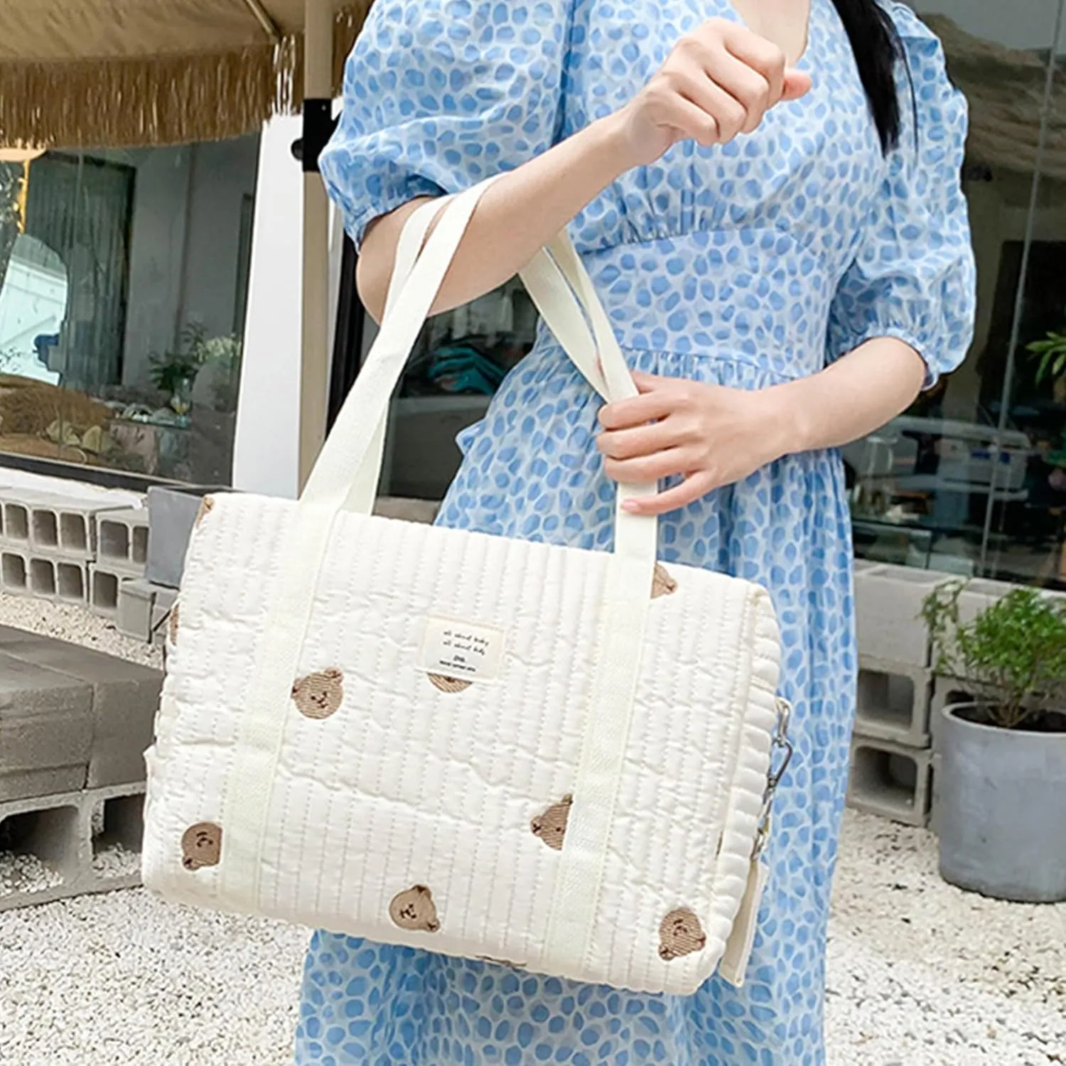 Quilted Cotton Cute Diaper Tote Bag for Moms Stroller Organizers Bag for Women Handbag Baby Nappy Mommy Bag