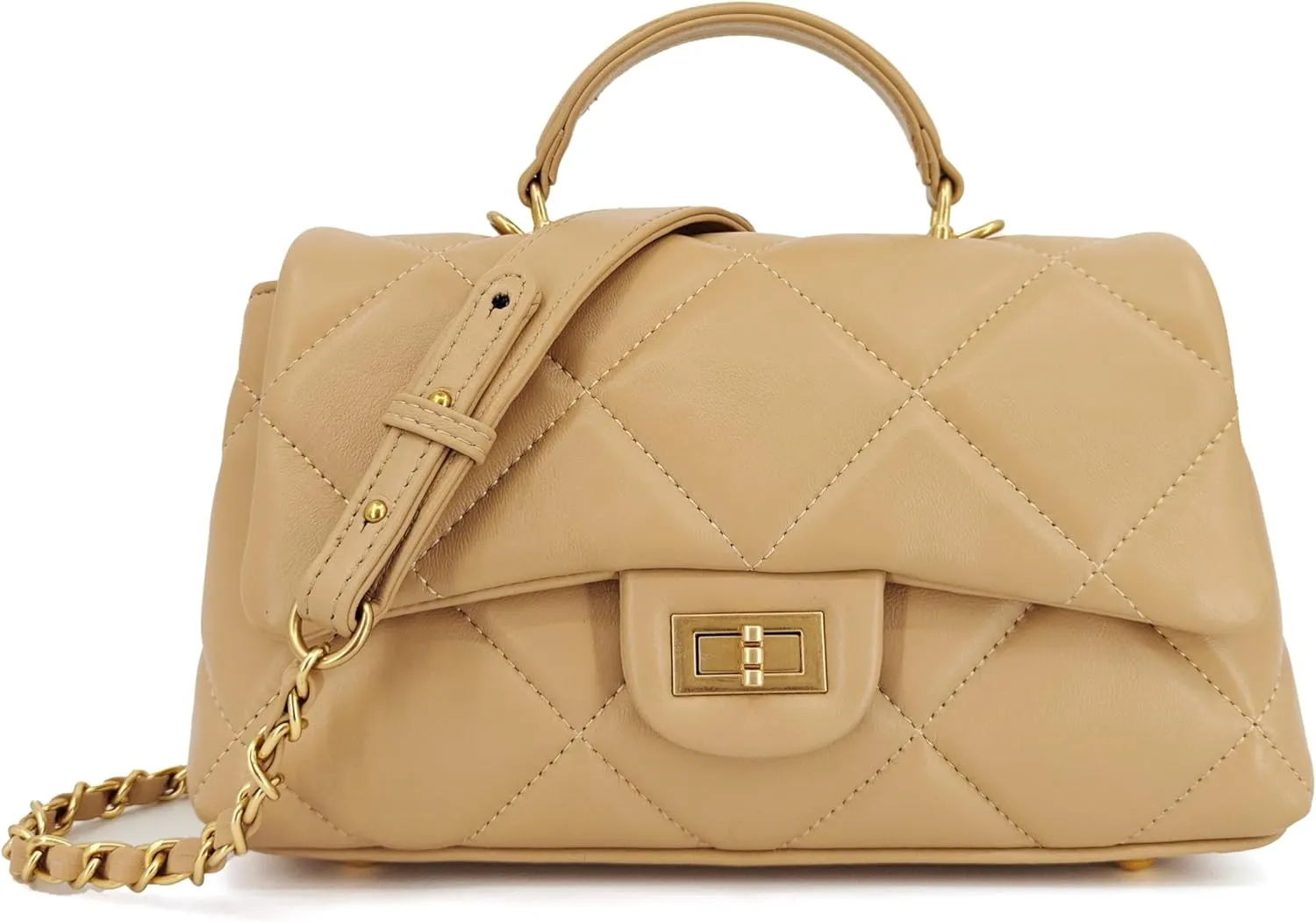 Quilted Leather Crossbody Bags for Women w/Detachable Gold Chain Strap, Designer Small Top Handle Bag, Shoulder Flap Purse