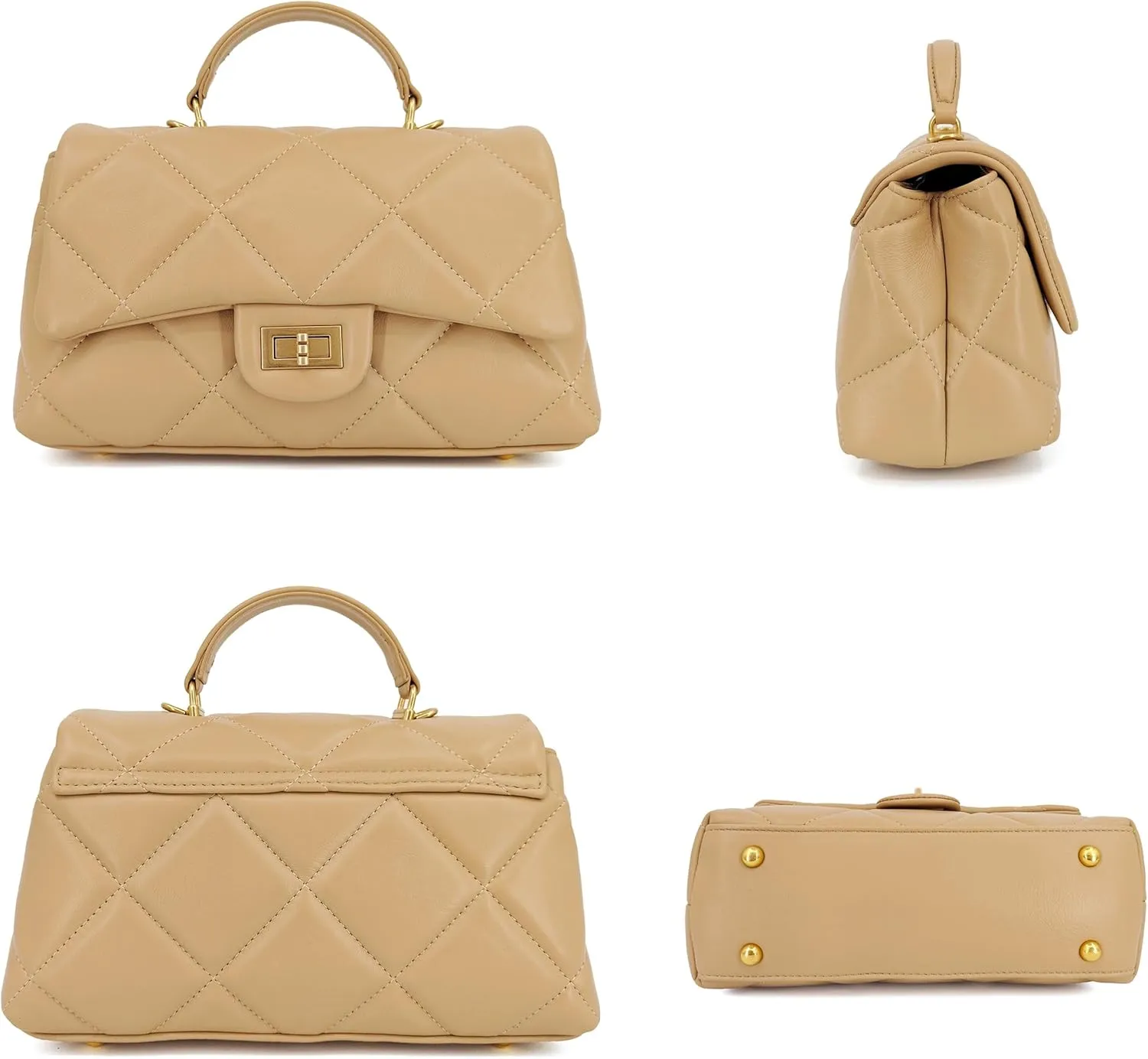 Quilted Leather Crossbody Bags for Women w/Detachable Gold Chain Strap, Designer Small Top Handle Bag, Shoulder Flap Purse