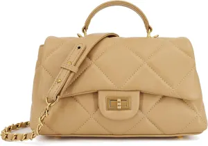 Quilted Leather Crossbody Bags for Women w/Detachable Gold Chain Strap, Designer Small Top Handle Bag, Shoulder Flap Purse