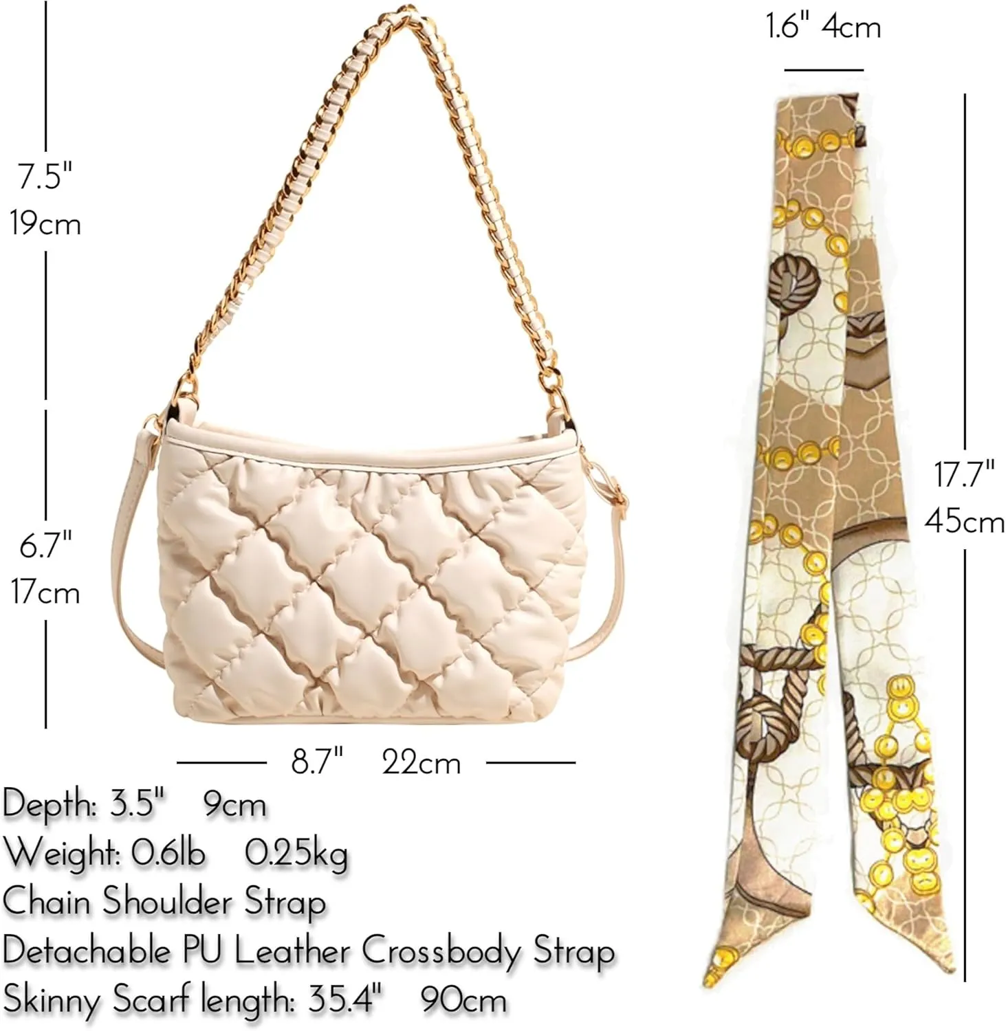 Quilted Tote Puffer PU Leather Crossbody Gold Metal Chain Strap Handbag, Underarm Lightweight Soft Hobo Large Top Handle Bag