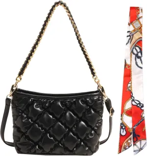 Quilted Tote Puffer PU Leather Crossbody Gold Metal Chain Strap Handbag, Underarm Lightweight Soft Hobo Large Top Handle Bag