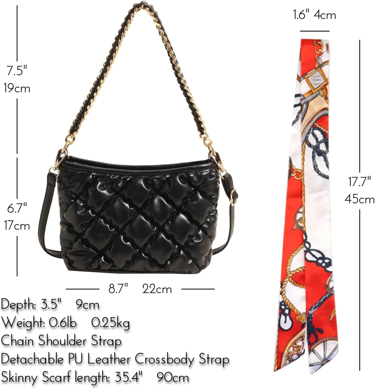 Quilted Tote Puffer PU Leather Crossbody Gold Metal Chain Strap Handbag, Underarm Lightweight Soft Hobo Large Top Handle Bag