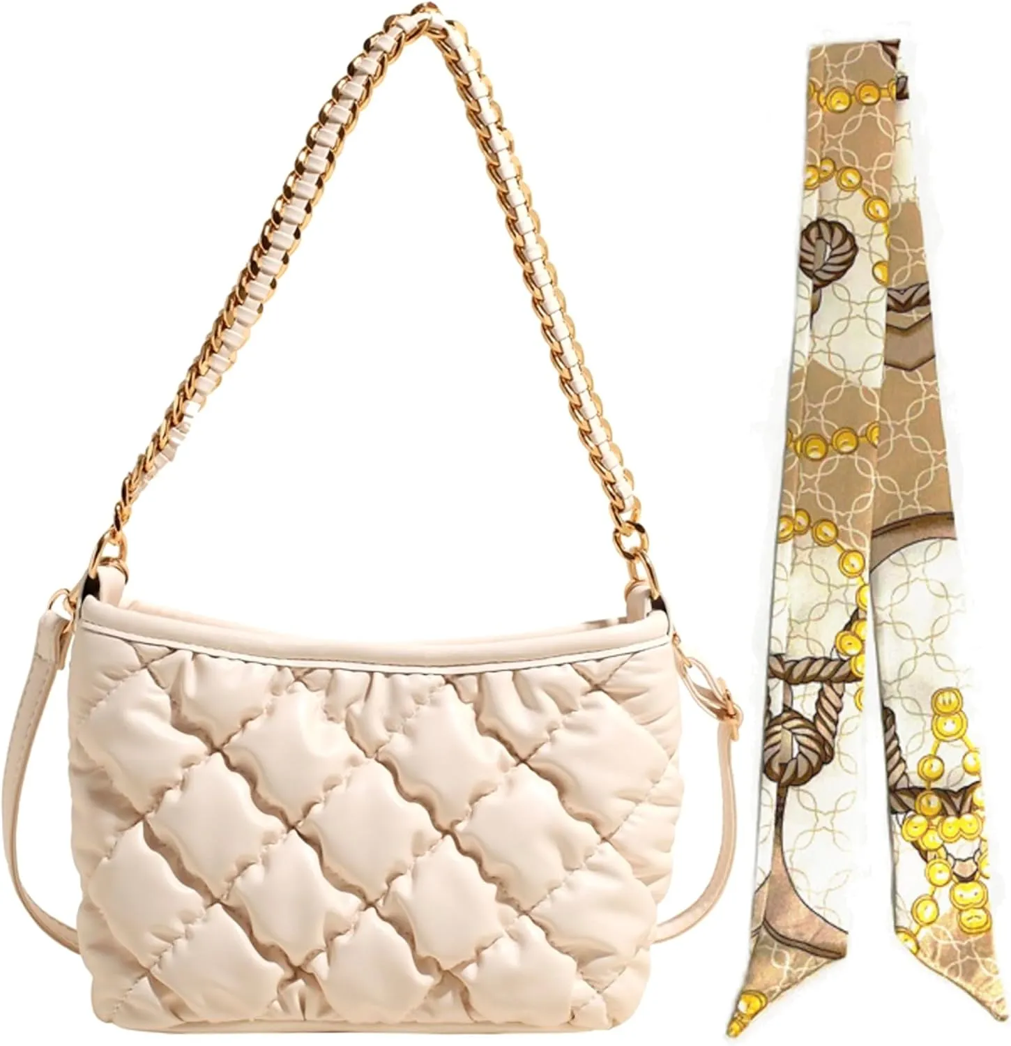 Quilted Tote Puffer PU Leather Crossbody Gold Metal Chain Strap Handbag, Underarm Lightweight Soft Hobo Large Top Handle Bag