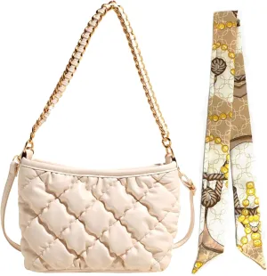 Quilted Tote Puffer PU Leather Crossbody Gold Metal Chain Strap Handbag, Underarm Lightweight Soft Hobo Large Top Handle Bag