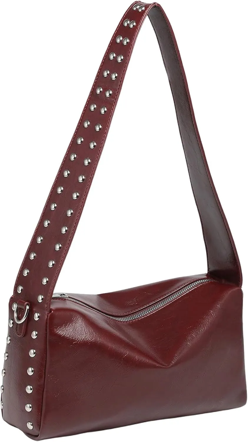 QWINEE Women's Studded Shoulder Handbags Vintage PU Leather Underarm Bags Zipper Y2k Handbag Purse