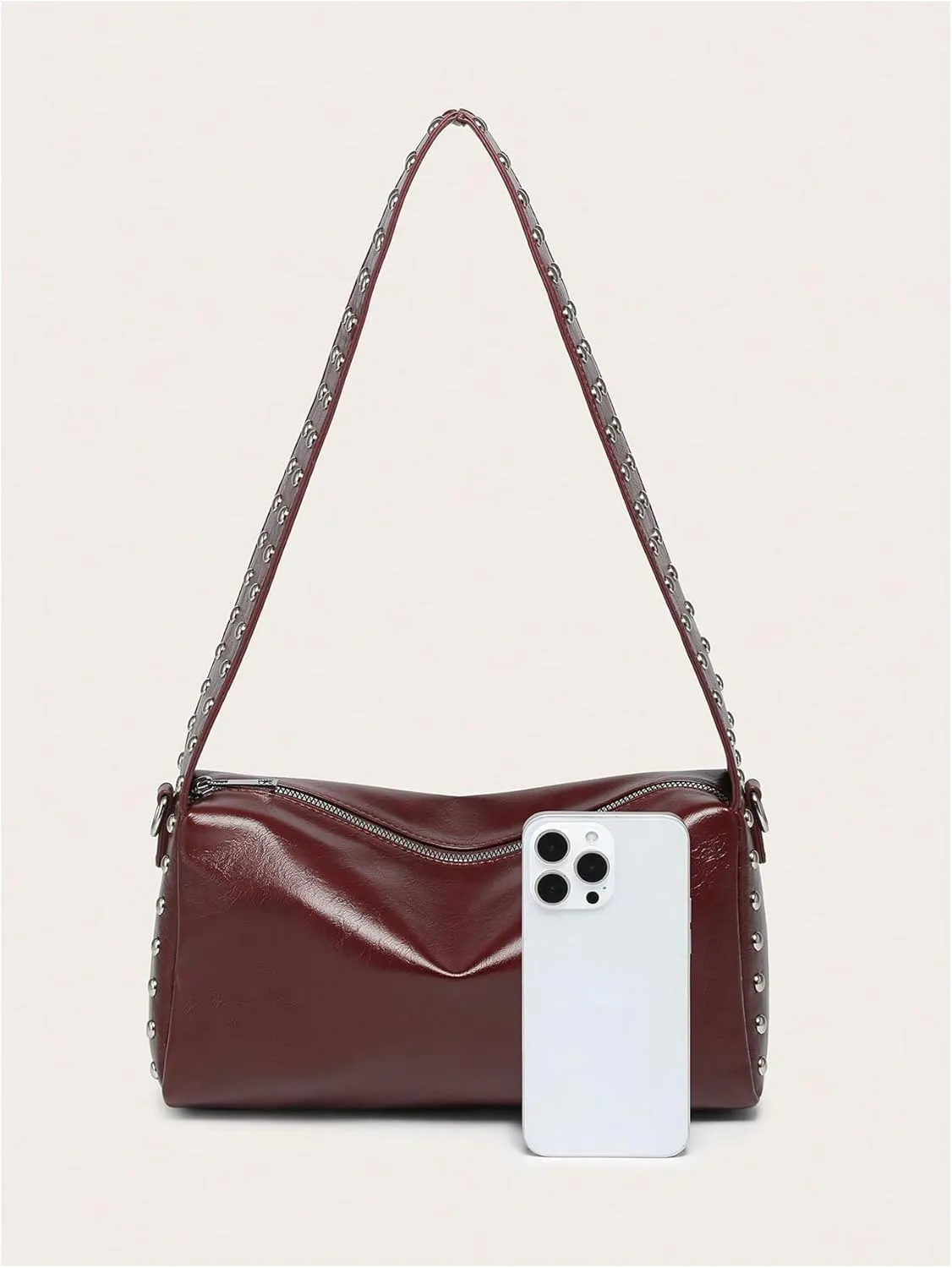 QWINEE Women's Studded Shoulder Handbags Vintage PU Leather Underarm Bags Zipper Y2k Handbag Purse