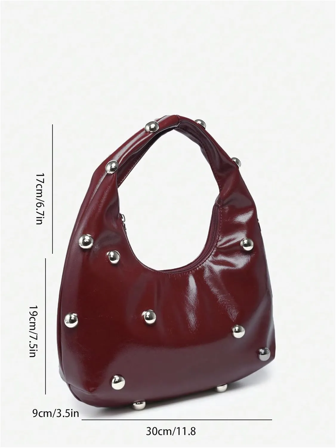 QWINEE Women's Vintage Leather Crescent Shoulder Bags Y2k Studded Zipper Top Handle Grunge Underarm Bag Purse Clutch