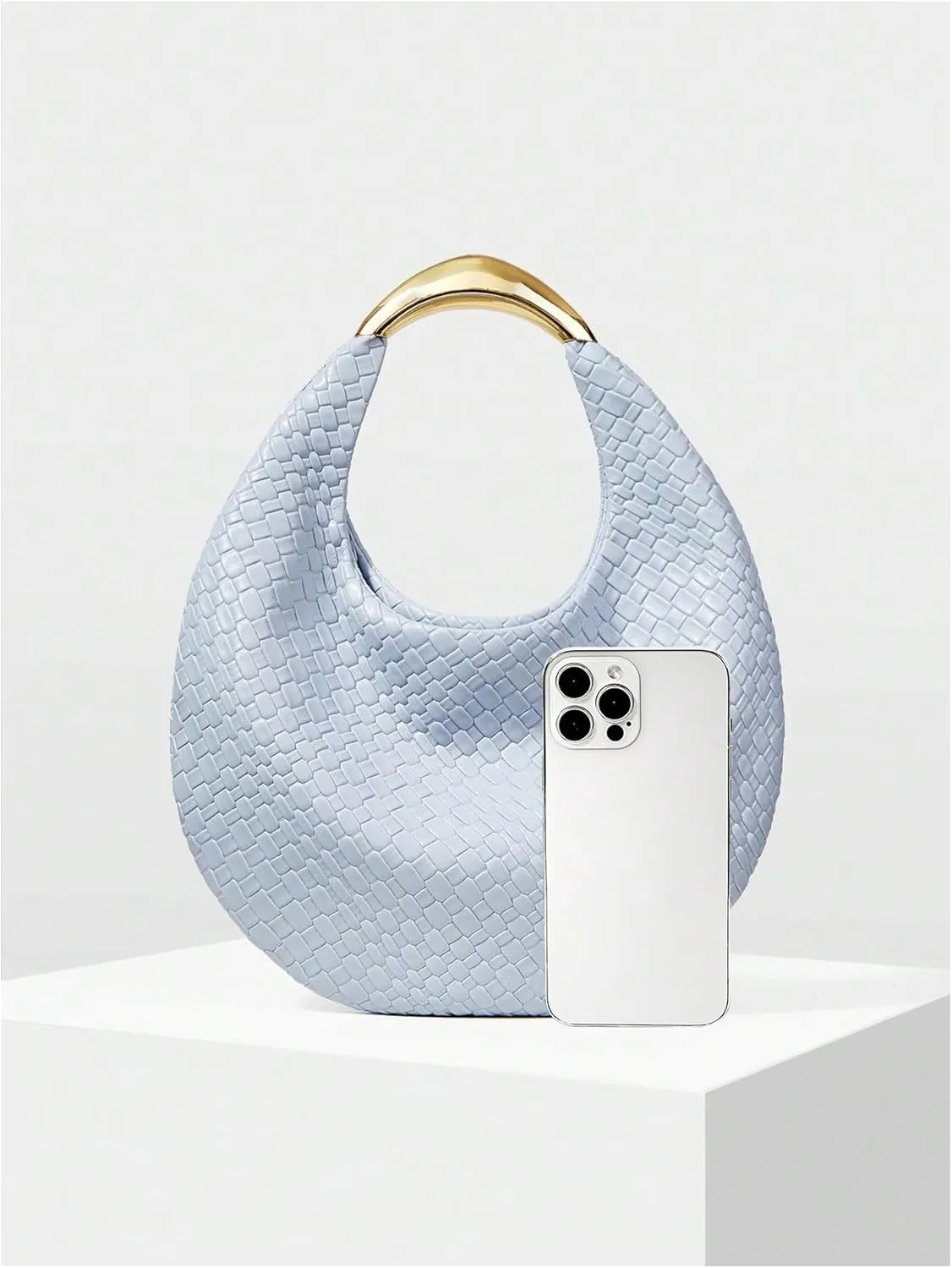 QWINEE Women's Woven Handbag Elegant Clutch Purse Metal Top Handle Cresent Evening Bag Retro PU Leather Clutch Purse