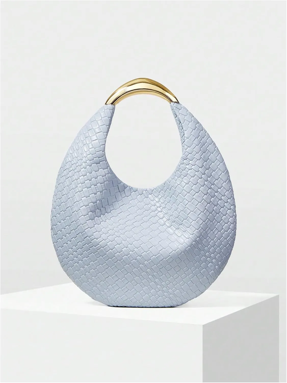 QWINEE Women's Woven Handbag Elegant Clutch Purse Metal Top Handle Cresent Evening Bag Retro PU Leather Clutch Purse