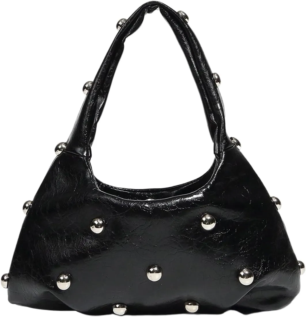 QWINEE Women's Y2k Studded Shoulder Bag Punk Crescent Handbag Vintage Underarm Bags Retro Clutch Purse