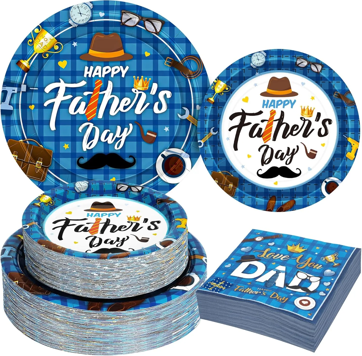 QZYL 150 PCS Happy Father's Day Party Tableware Set Supplies, 7" and 9" Father's Day Paper Dinner Plates and Napkins, Disposable Love You Dad Day Celebration Decoration for Dad's Party