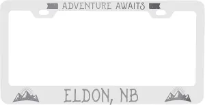 R and R Imports Eldon New Brunswick laser engraved Metal License Plate Frame Adventures awaits Design