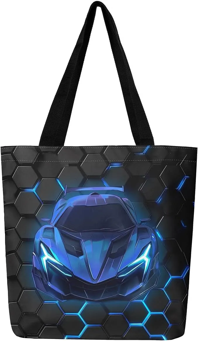 Race Car Canvas Bag for Kids Boys Girls,Red and Blue Sports Car Canvas Tote Bag