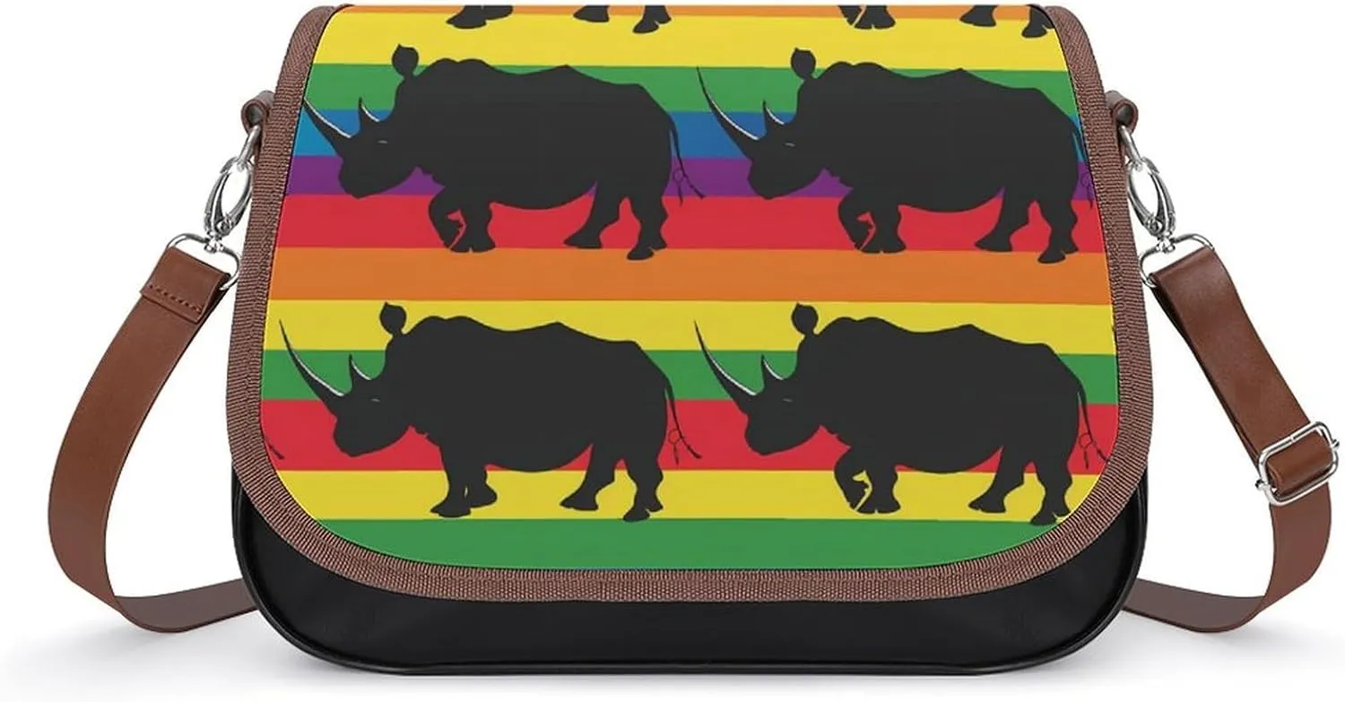 Rainbow Rhinoceros Pattern Messenger Bag for Women PU Leather Crossbody Bags Shoulder Handbags Purse