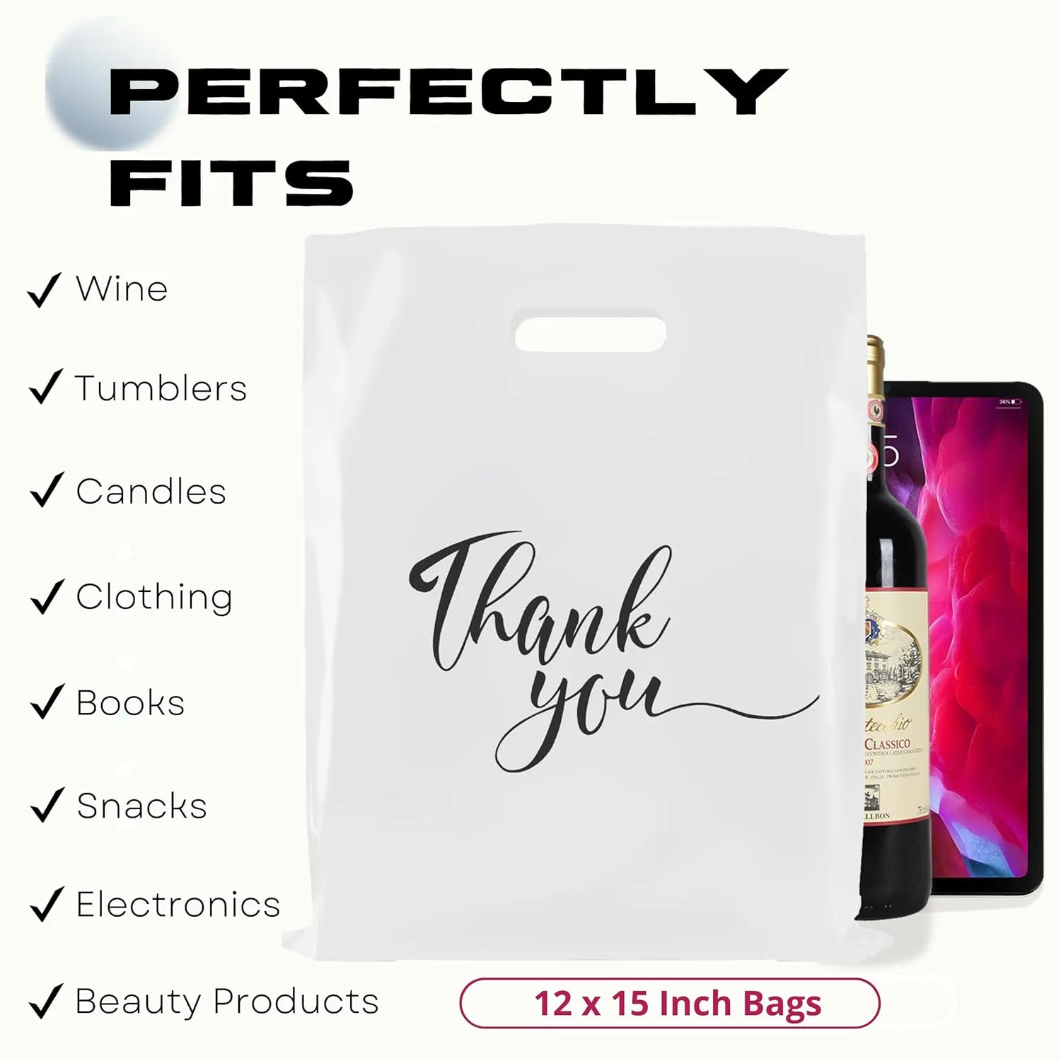 Rainbows & Lilies 100 Thank You Plastic Bags with Handles - 12"W x 15"H Thick Reusable Bulk Shopping Bags for Business, Retail Merchandise, Boutique Gifts, Clothing Store, Goodie Party Favors (White)