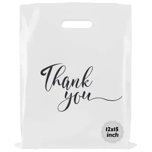 Rainbows & Lilies 100 Thank You Plastic Bags with Handles - 12"W x 15"H Thick Reusable Bulk Shopping Bags for Business, Retail Merchandise, Boutique Gifts, Clothing Store, Goodie Party Favors (White)