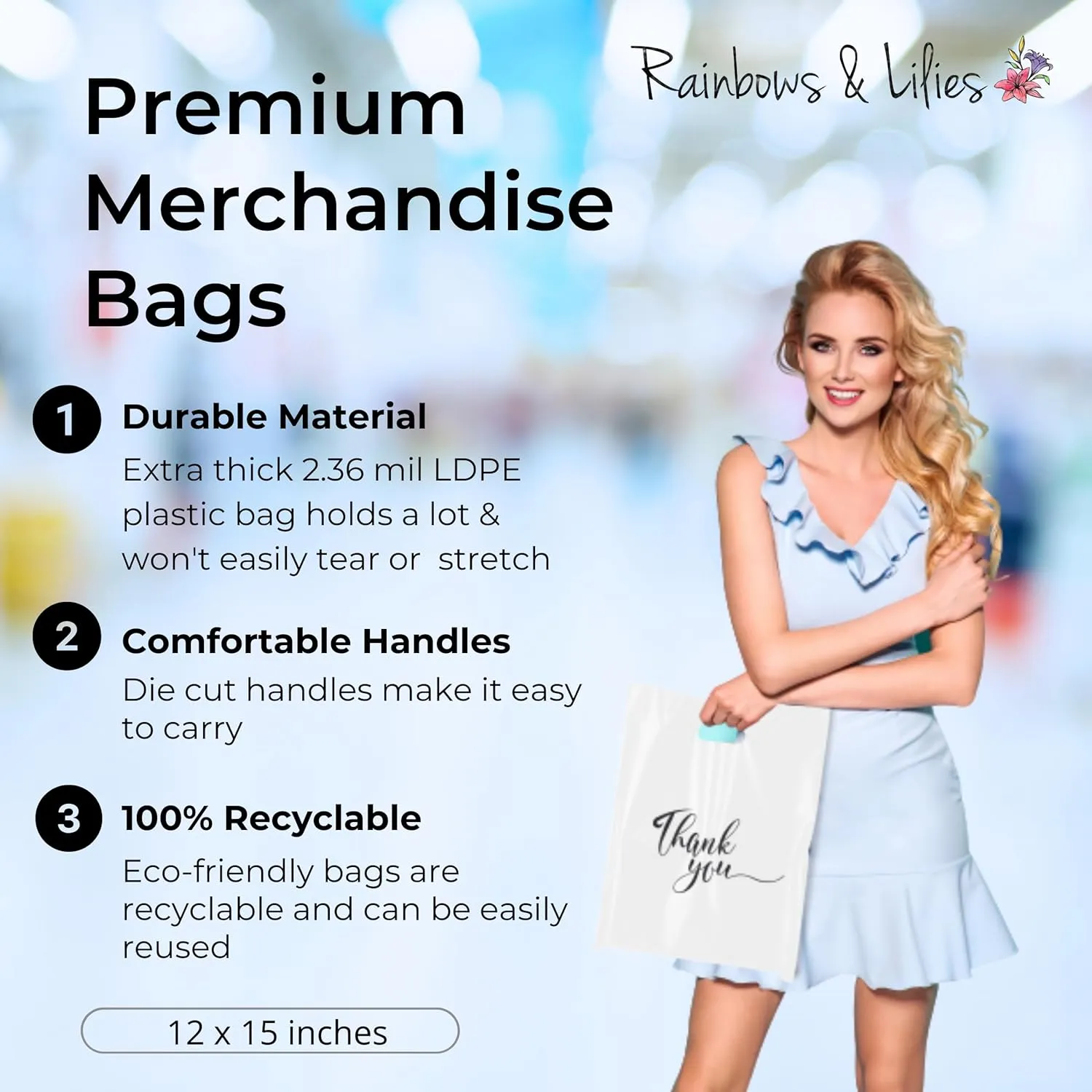 Rainbows & Lilies 100 Thank You Plastic Bags with Handles - 12"W x 15"H Thick Reusable Bulk Shopping Bags for Business, Retail Merchandise, Boutique Gifts, Clothing Store, Goodie Party Favors (White)
