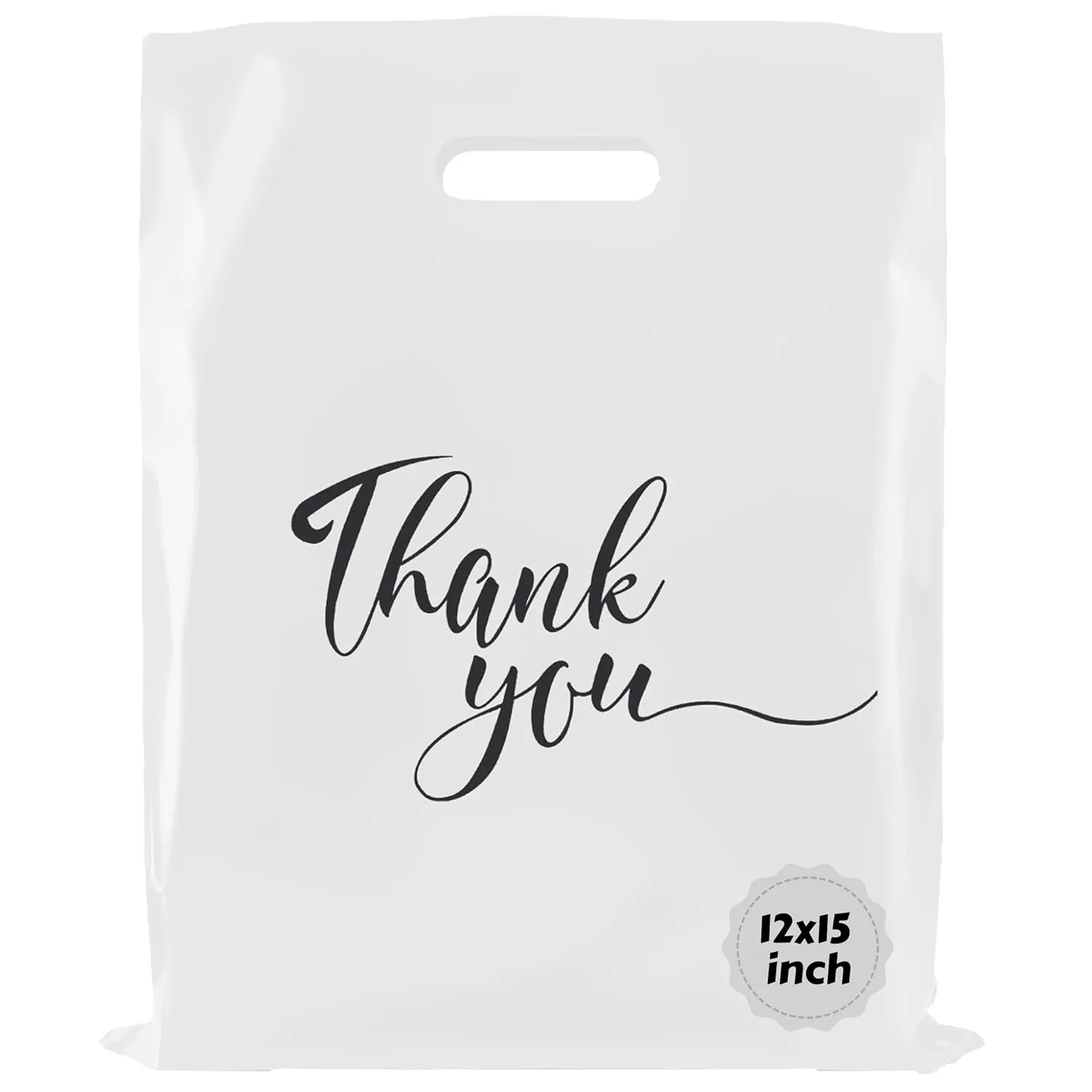 Rainbows & Lilies 100 Thank You Plastic Bags with Handles - 12"W x 15"H Thick Reusable Bulk Shopping Bags for Business, Retail Merchandise, Boutique Gifts, Clothing Store, Goodie Party Favors (White)