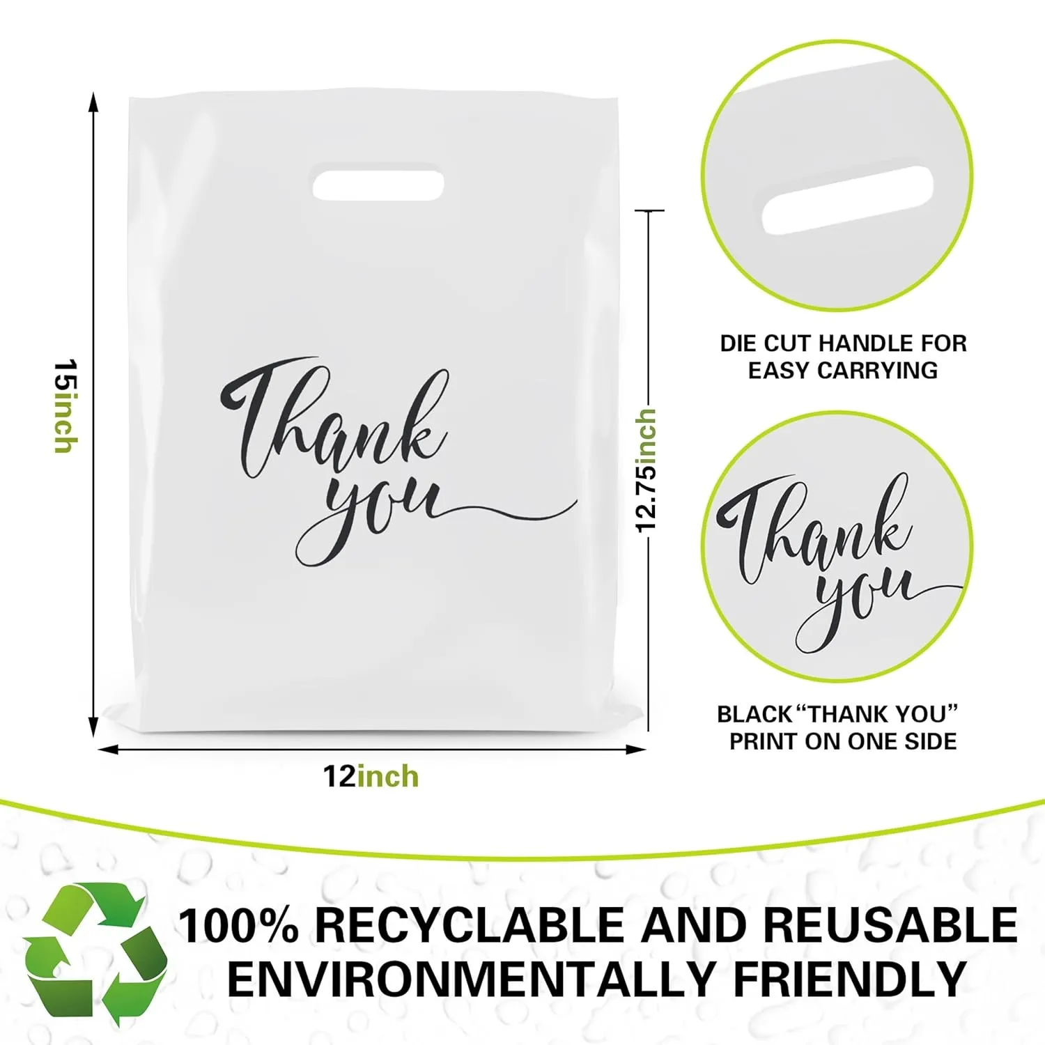 Rainbows & Lilies 100 Thank You Plastic Bags with Handles - 12"W x 15"H Thick Reusable Bulk Shopping Bags for Business, Retail Merchandise, Boutique Gifts, Clothing Store, Goodie Party Favors (White)