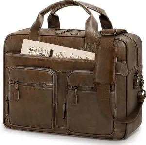 RAINSMORE Vintage Messenger Bag for Men PU Vegan Leather Computer Laptop Bag 15.6 Inch Waterproof Briefcases for Men Retro Mens Briefcase Satchel Bag for Work Office Business Travel Brown