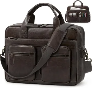RAINSMORE Vintage Messenger Bag for Men PU Vegan Leather Computer Laptop Bag 15.6 Inch Waterproof Briefcases for Men Retro Mens Briefcase Satchel Bag for Work Office Business Travel Coffee
