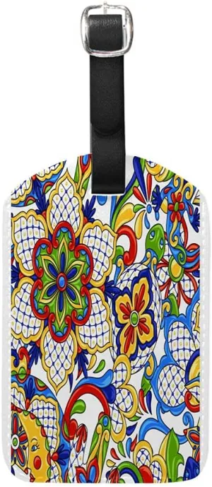 Rashu Luggage Tags Mexican Pattern Talavera Ornamental Travel Bag Suitcase Tag Waterproof Privacy Cover ID Label with Adjustable Strip and Address Card