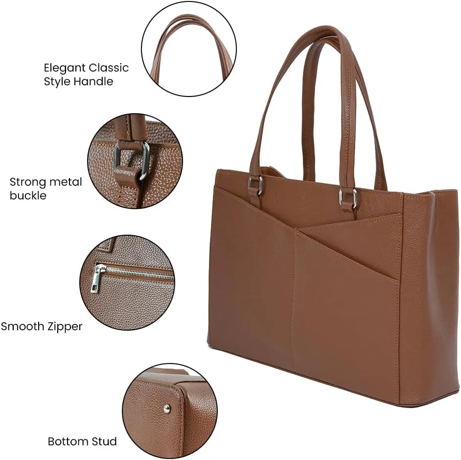 Real Leather 14 inch Laptop Tote Bag for Women - Professional Ladies Leather Work Bag Purse With Compartments