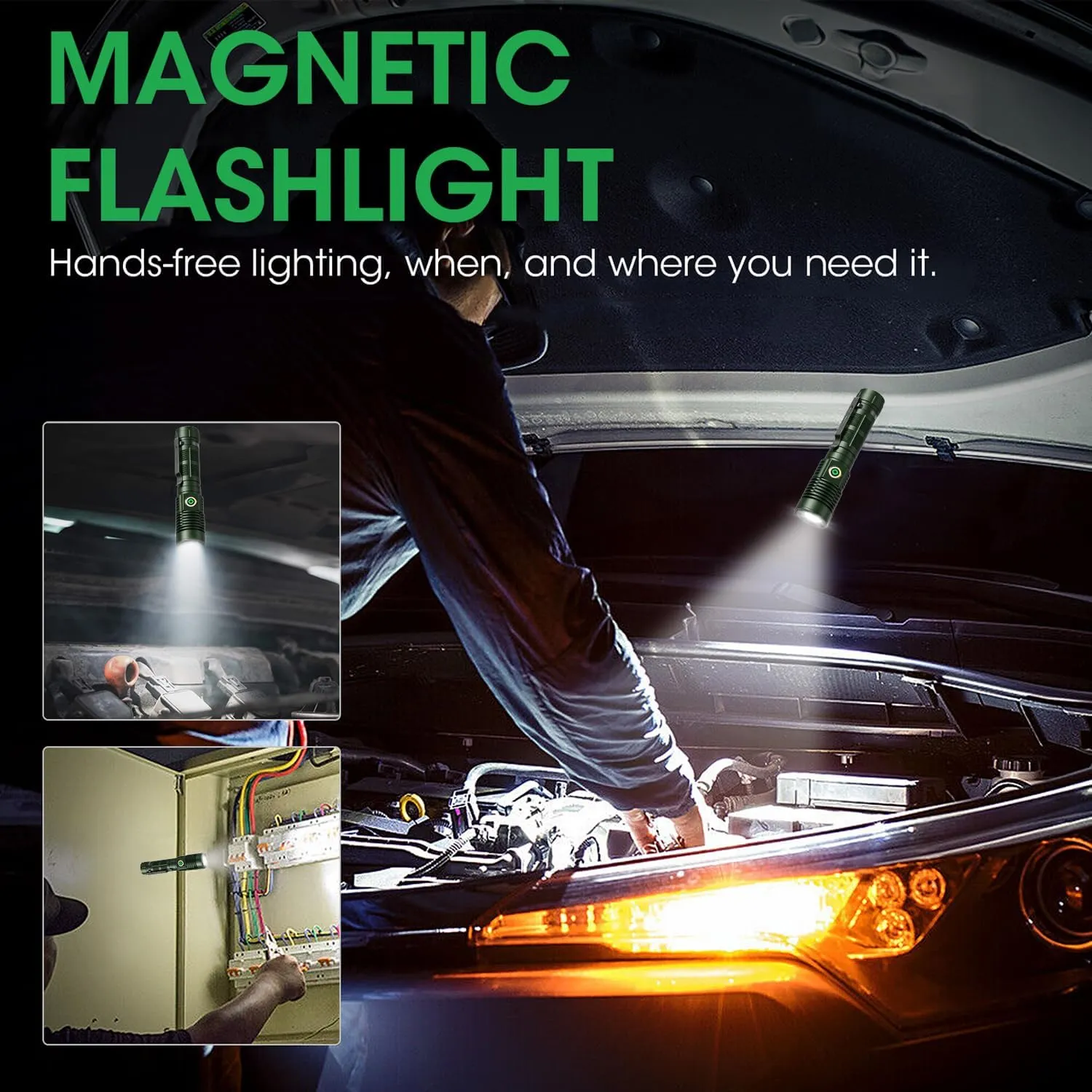 Rechargeable Flashlight High Lumens, High Lumens Super Bright Magnetic Flash Light, Long-Range Zoomable LED Flashlights for Emergency, Waterproof Flashlight Dimmable, Green,1PC