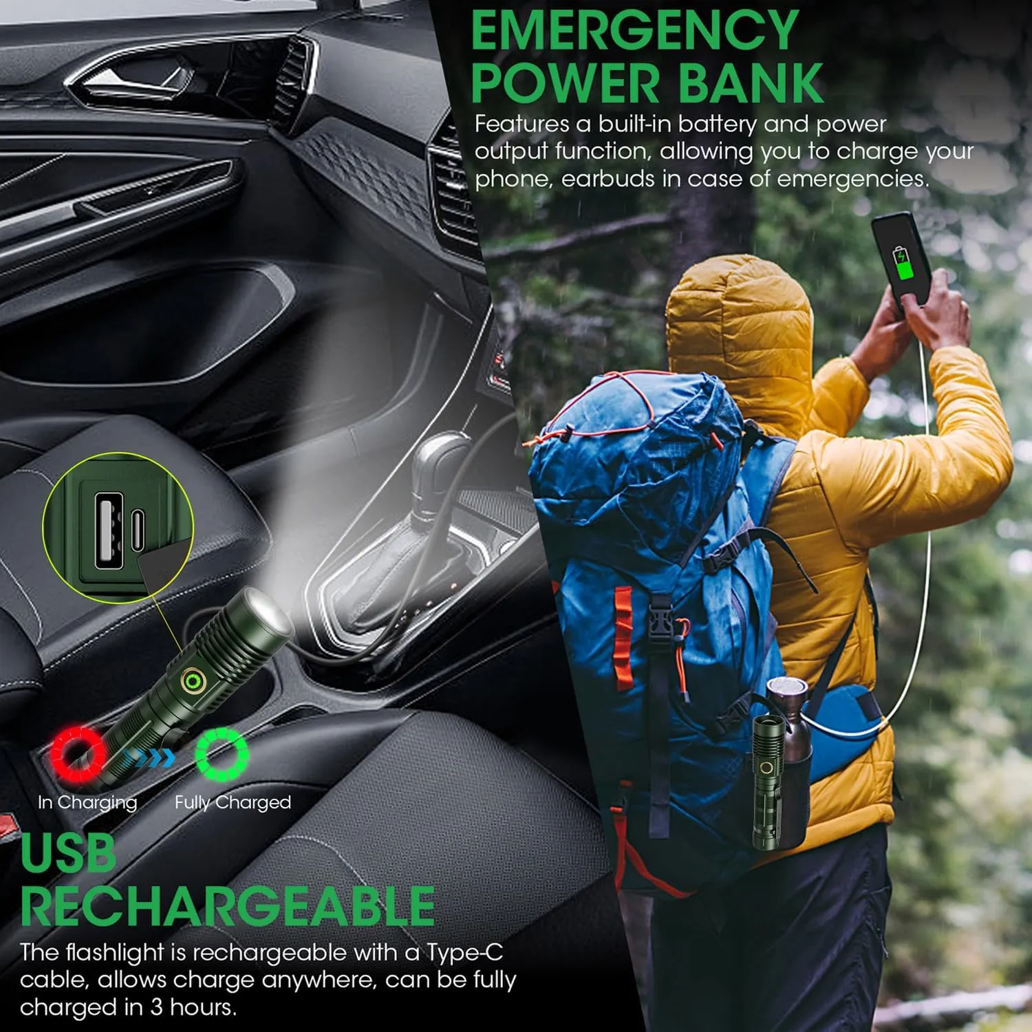 Rechargeable Flashlight High Lumens, High Lumens Super Bright Magnetic Flash Light, Long-Range Zoomable LED Flashlights for Emergency, Waterproof Flashlight Dimmable, Green,1PC