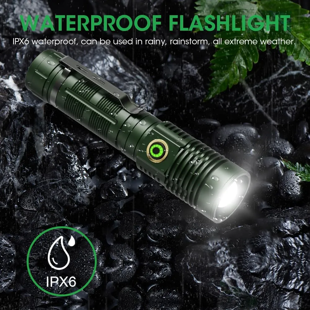 Rechargeable Flashlight High Lumens, High Lumens Super Bright Magnetic Flash Light, Long-Range Zoomable LED Flashlights for Emergency, Waterproof Flashlight Dimmable, Green,1PC