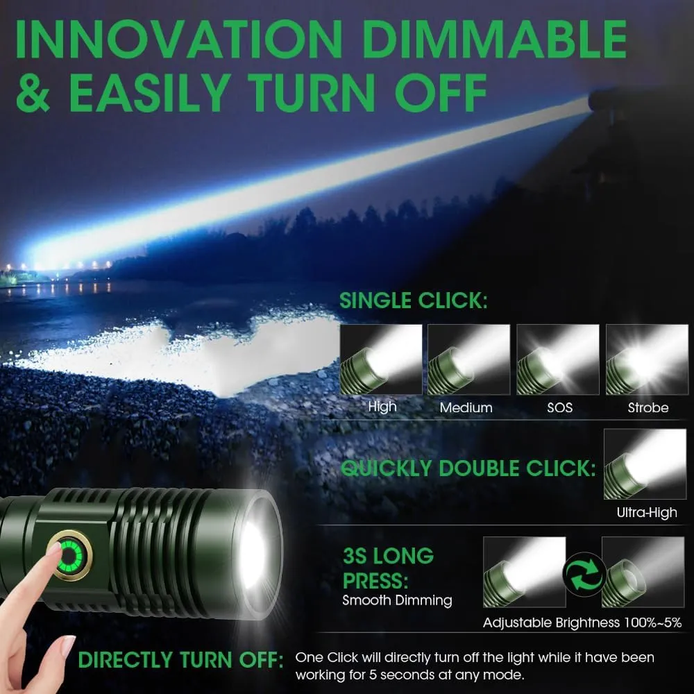 Rechargeable Flashlight High Lumens, High Lumens Super Bright Magnetic Flash Light, Long-Range Zoomable LED Flashlights for Emergency, Waterproof Flashlight Dimmable, Green,1PC