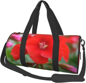 Red geraniums (1) Print Round Large Capacity Travel Luggage Bags,Men's and Women's Hand-Held Travel Clothing Bags