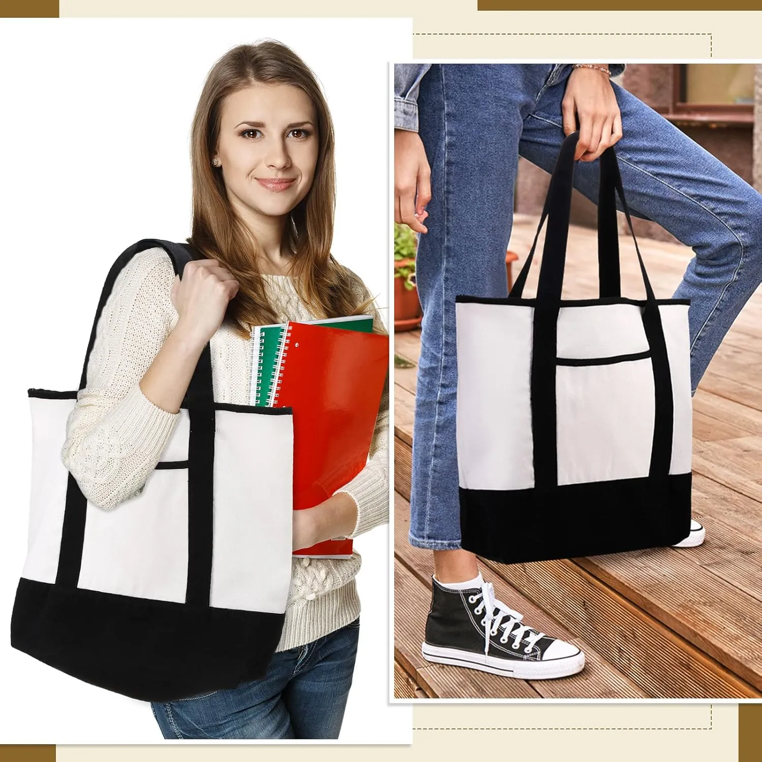 Reginary 16 Pcs Canvas Tote Bags Bulk with Outer Pocket 18 Inch Reusable Shopping Grocery Blank Tote Bag for Women Mother DIY