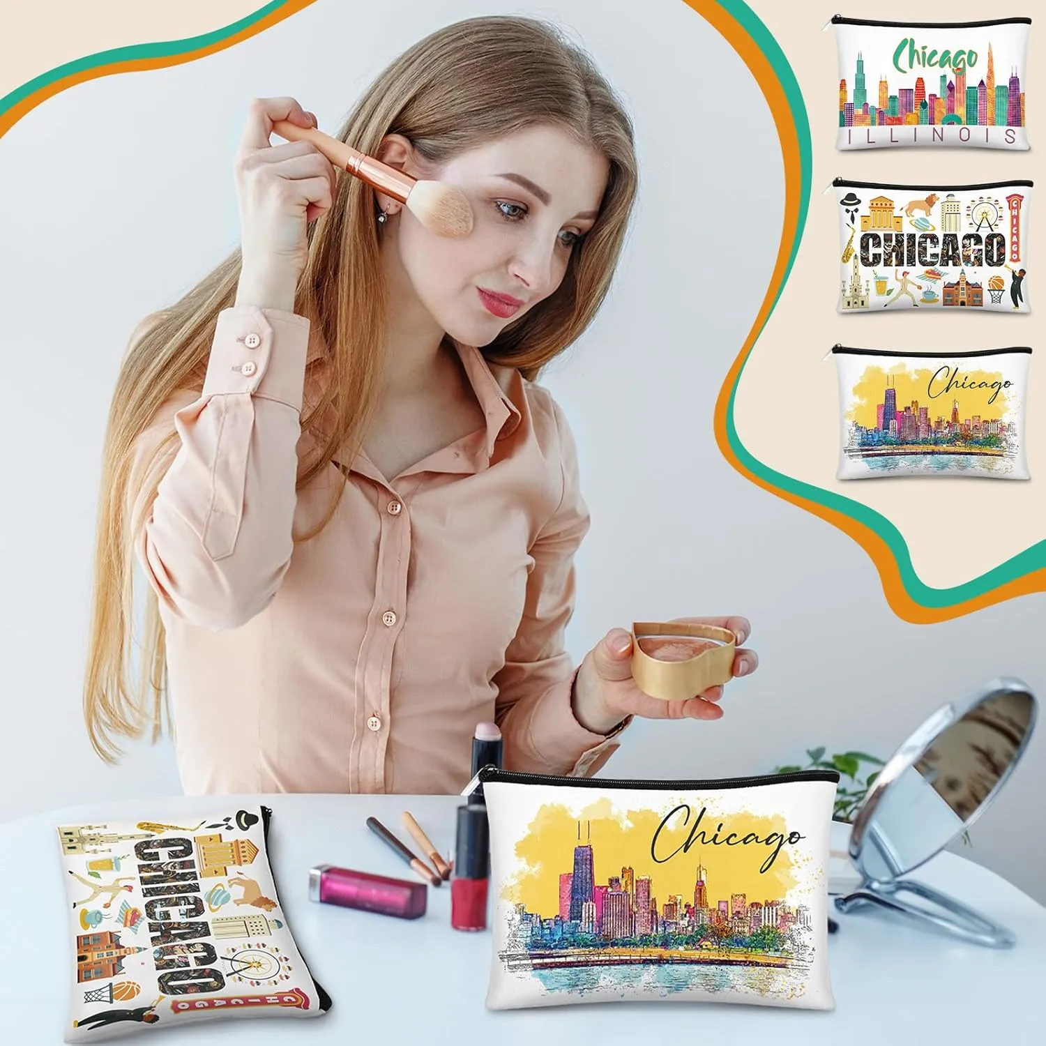 Reginary 6 Pcs City Cosmetic Bag Souvenir Gifts New York Zipper Pouch Chicago Souvenir Seattle Boston Nashville London Paris Italy Gifts Memento for Women Traveler(Chicago)