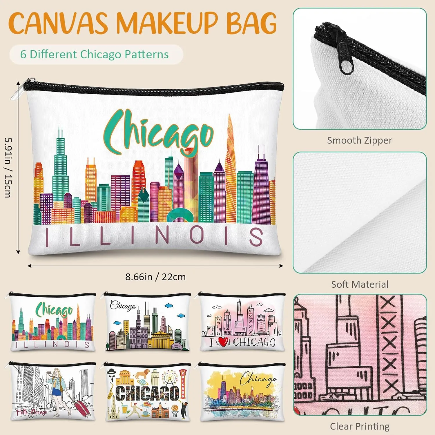 Reginary 6 Pcs City Cosmetic Bag Souvenir Gifts New York Zipper Pouch Chicago Souvenir Seattle Boston Nashville London Paris Italy Gifts Memento for Women Traveler(Chicago)