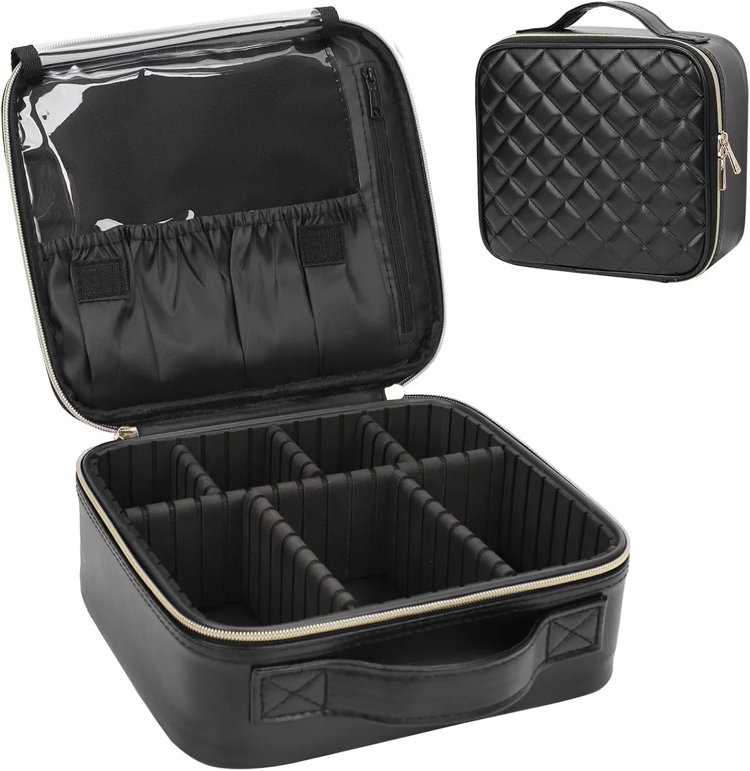 Relavel Makeup Bag, Travel Cosmetic Train Case Organizer Portable Artist Storage Bag with Adjustable Dividers for Cosmetics Makeup Brushes Toiletry Jewelry Digital Accessories Quilted Leather Black