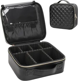 Relavel Makeup Bag, Travel Cosmetic Train Case Organizer Portable Artist Storage Bag with Adjustable Dividers for Cosmetics Makeup Brushes Toiletry Jewelry Digital Accessories Quilted Leather Black