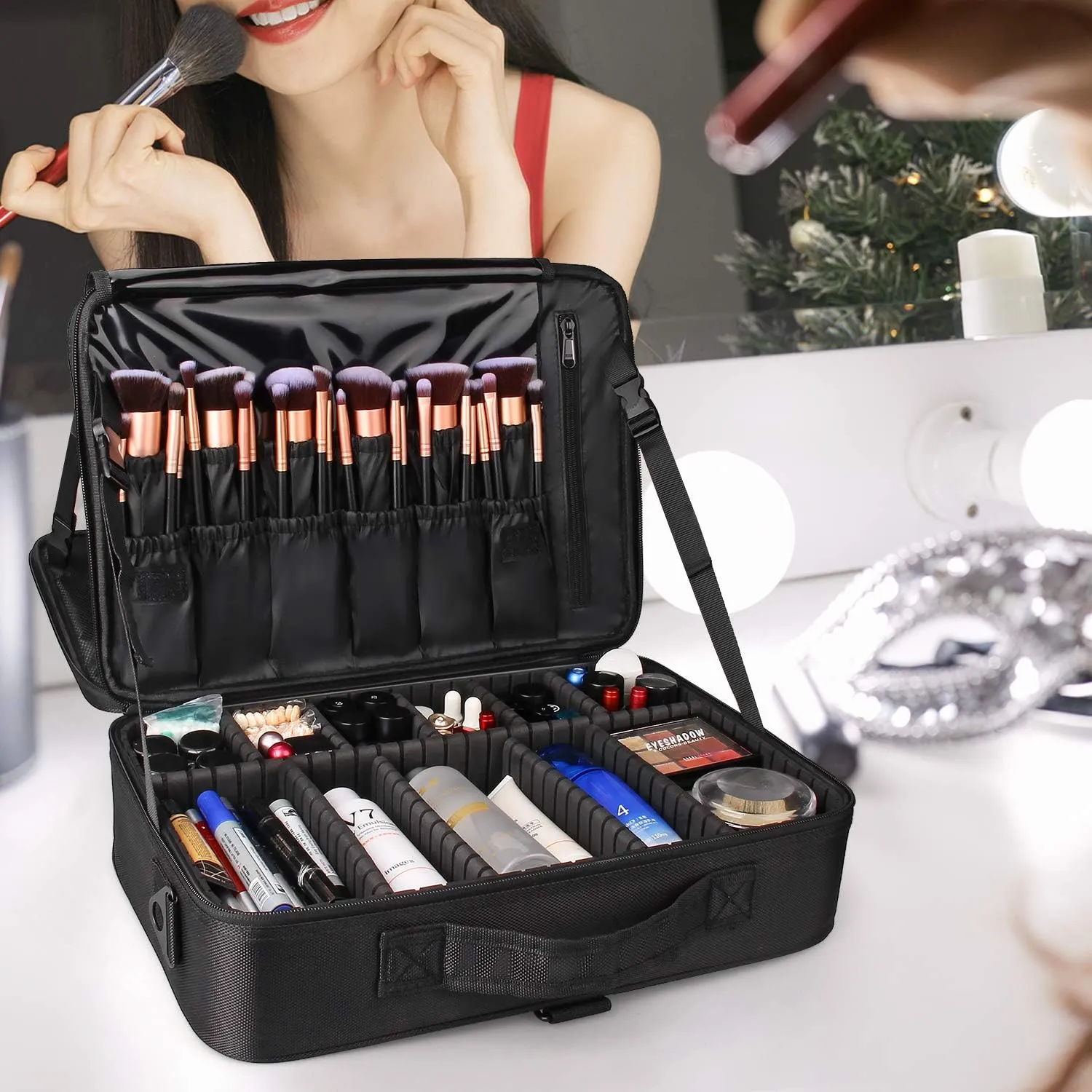Relavel Travel Makeup Train Case Makeup Cosmetic Case Organizer Portable Artist Storage Bag with Adjustable Dividers for Cosmetics Makeup Brushes Toiletry Jewelry Digital Accessories