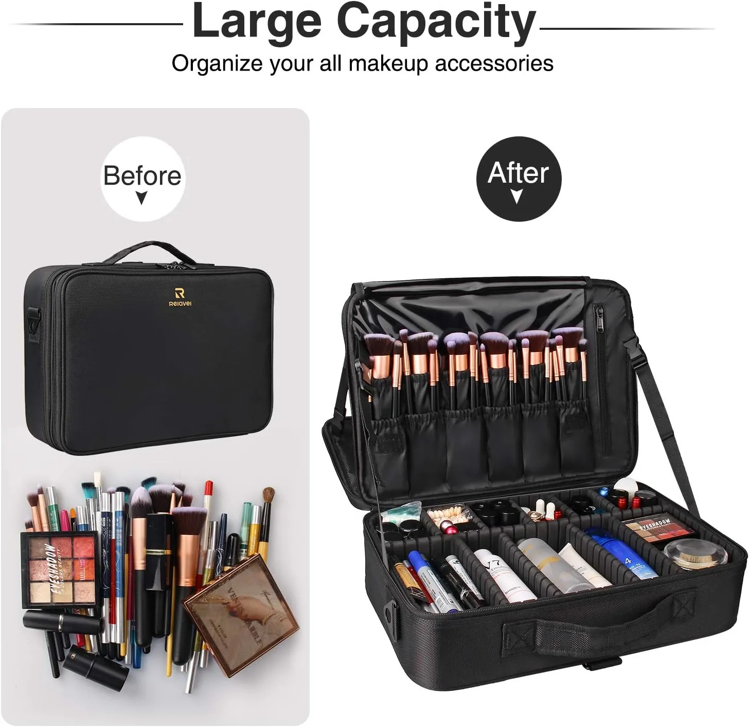 Relavel Travel Makeup Train Case Makeup Cosmetic Case Organizer Portable Artist Storage Bag with Adjustable Dividers for Cosmetics Makeup Brushes Toiletry Jewelry Digital Accessories