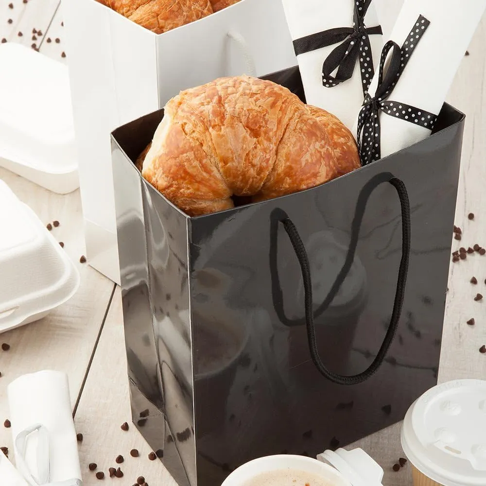 Restaurantware 6.5 Inch x 3.2 Inch Paper Shopping Bags 10 Glossy Finish Paper Party Bags - Rope Handles Cardboard Base Black Paper Gift Bags Reusable For Parties and Shopping