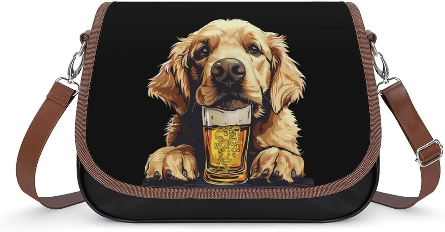 Retriever Dog Beer Messenger Bag for Women PU Leather Crossbody Bags Shoulder Handbags Purse