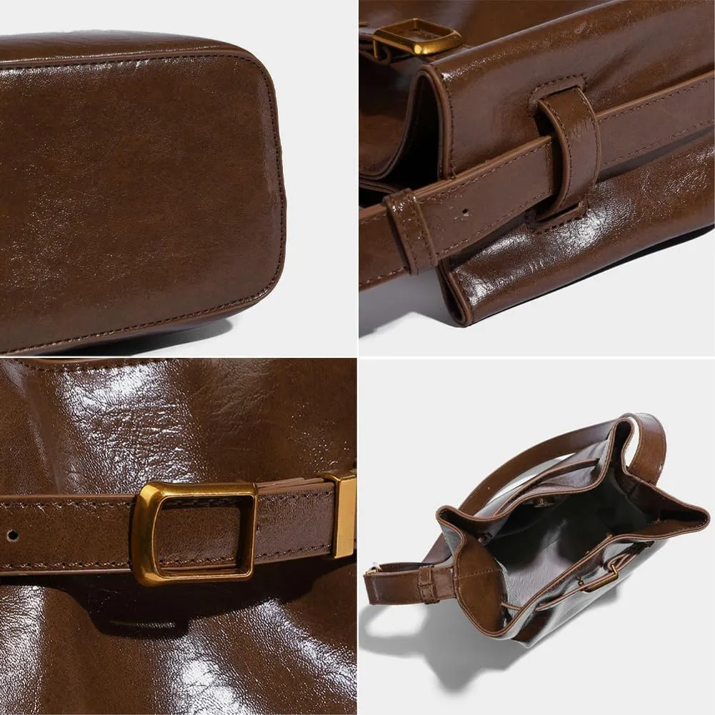 Retro Bucket Shoulder Bags for Women PU Leather Crossbody Purse Small Handbag Trendy Working Tote Satchel