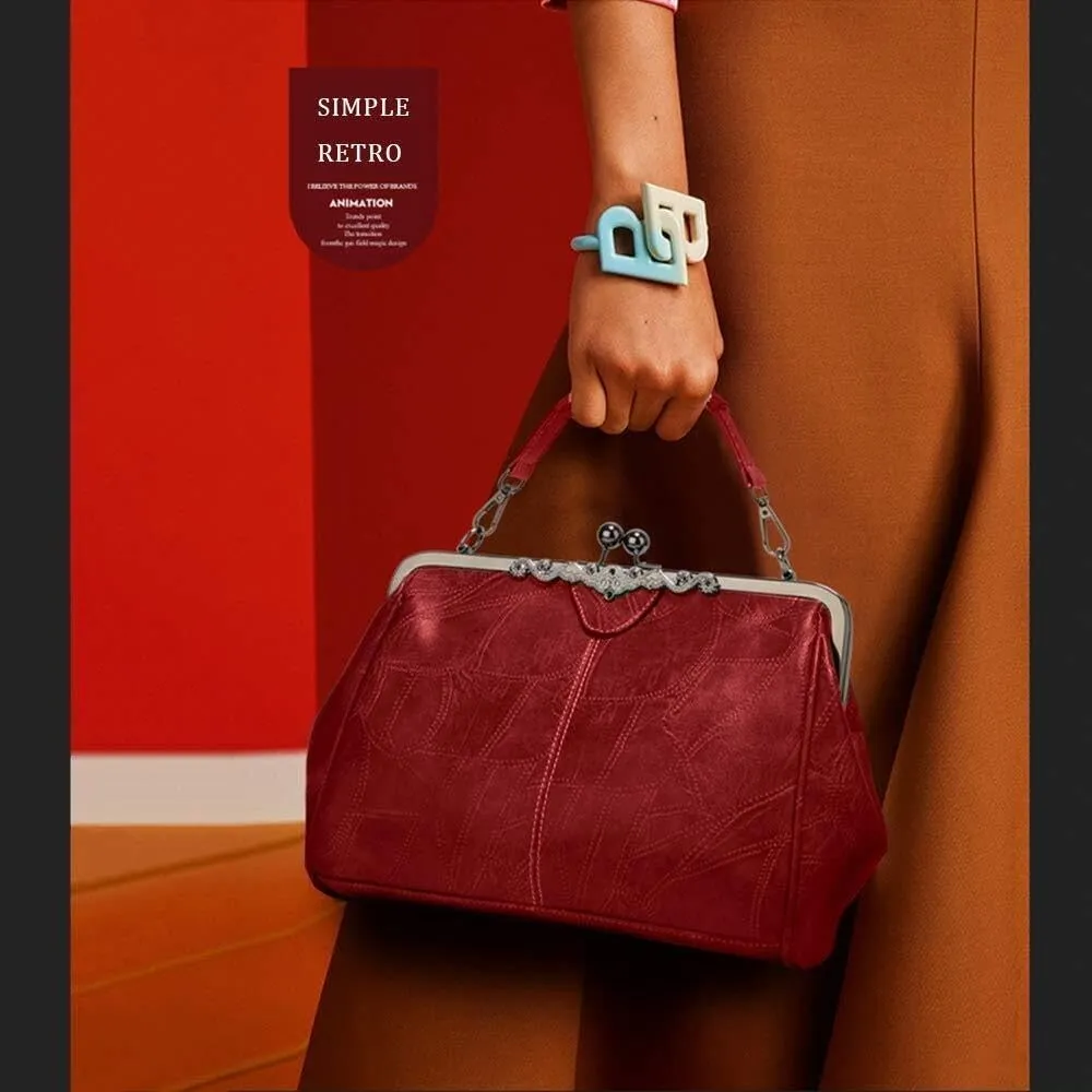 Retro Women Handbags Hollow Oil Wax PU Leather Handbag Kiss Lock Crossbody Purse Vintage Hobo Bags Messenger Bag Tote