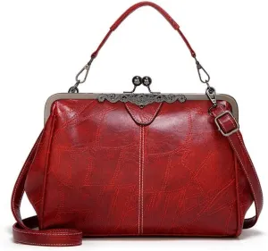 Retro Women Handbags Hollow Oil Wax PU Leather Handbag Kiss Lock Crossbody Purse Vintage Hobo Bags Messenger Bag Tote